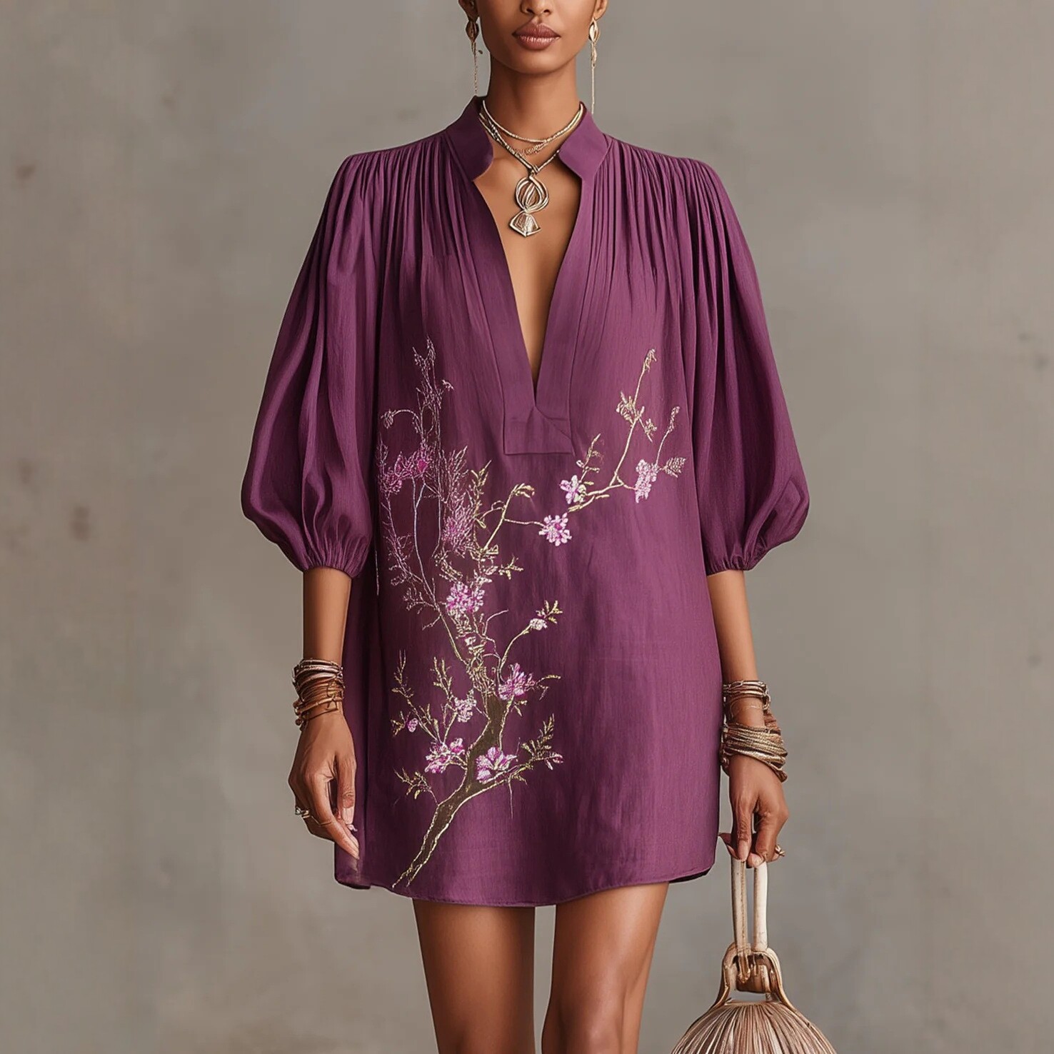 V-Neck Loose Fit Midi Dress with Puff Sleeves and Colorblock Design