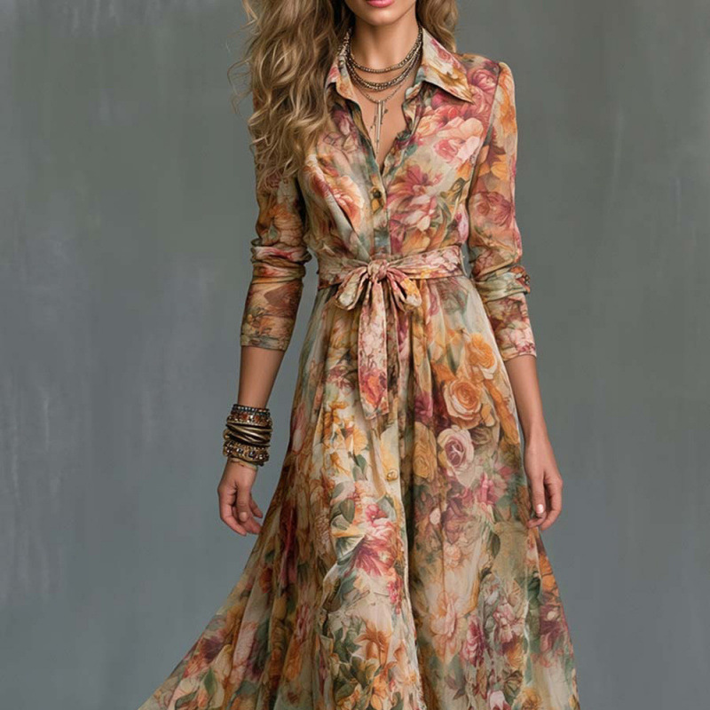 Women's Long Sleeve Floral Print A-Line Dress with Polo Collar and Tie Belt