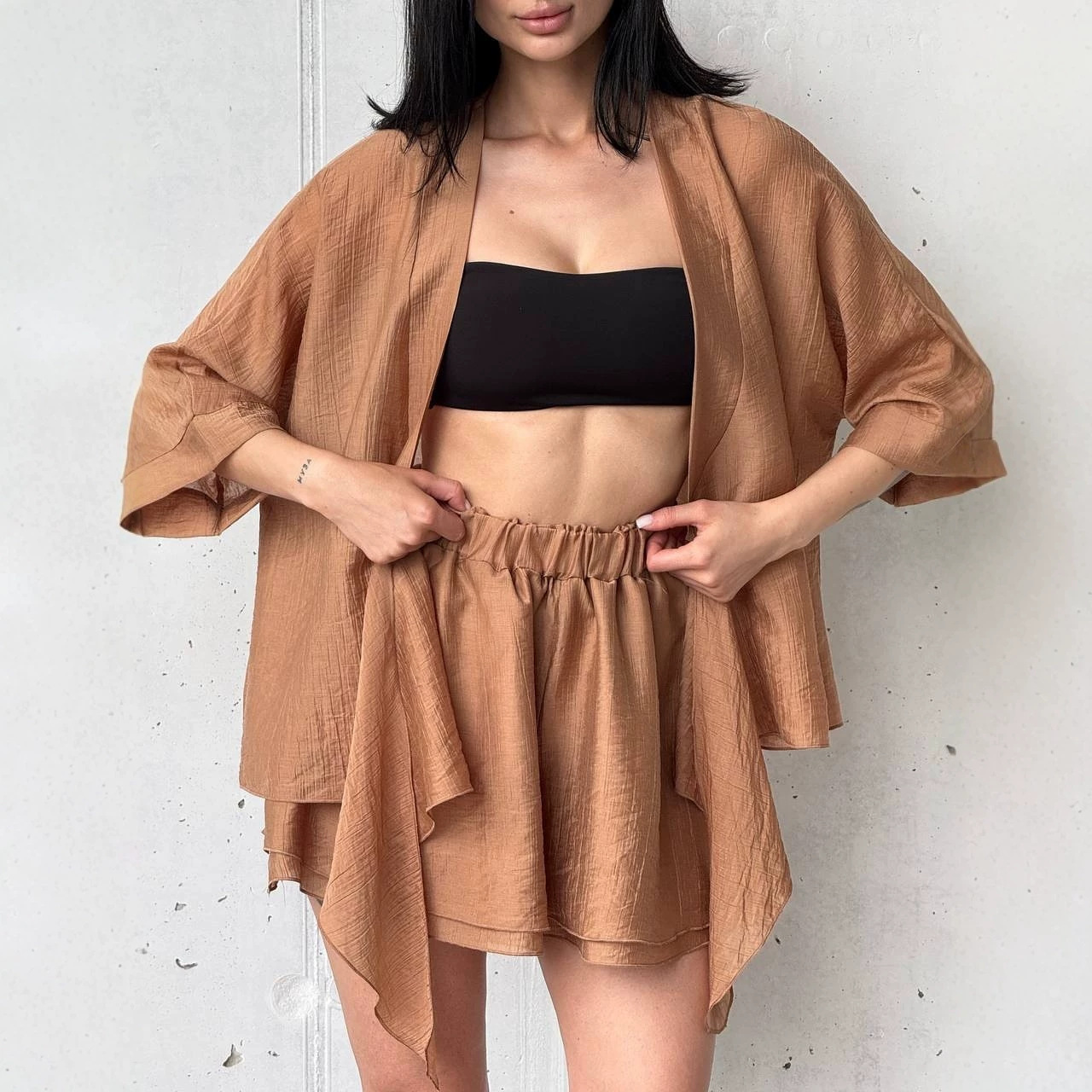 Women's Long Sleeve Solid Loose Shirt and Shorts Two-Piece Set