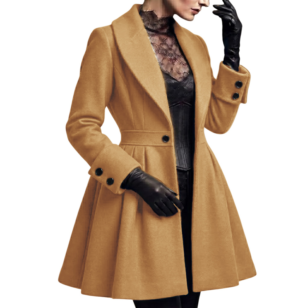 Women's Long Wool-Blend Pleated Coat Dress with One-Button Closure