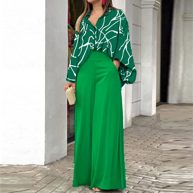 Women's Printed Shirt & Wide-Leg Pants Casual Set
