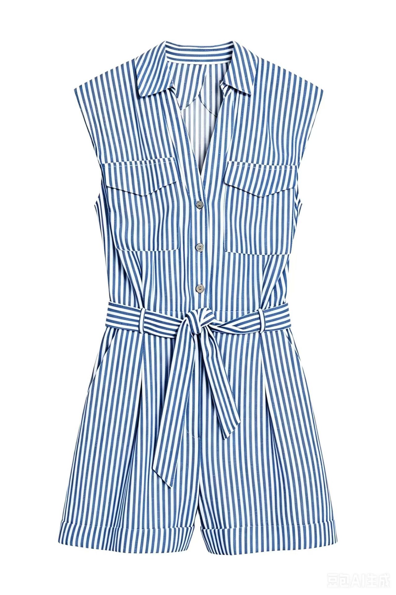 Women's Belted Striped Bubble Shorts Jumpsuit