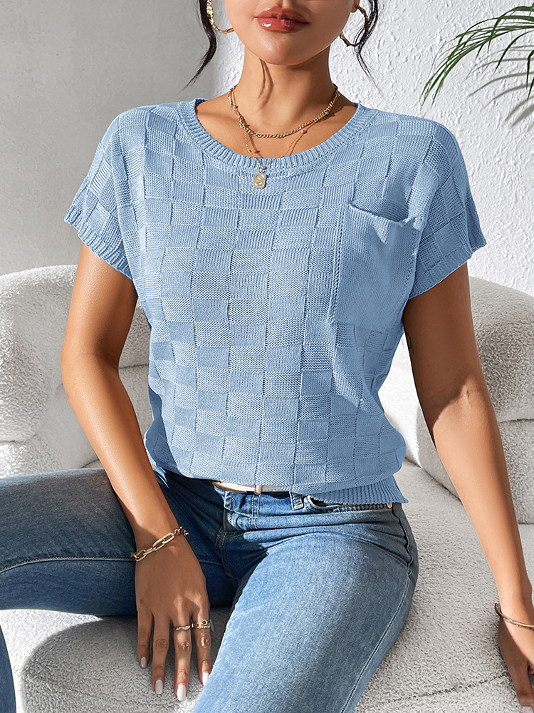 Women's Loose Knit Short Sleeve T-Shirt Solid Color Crew Neck Casual Top