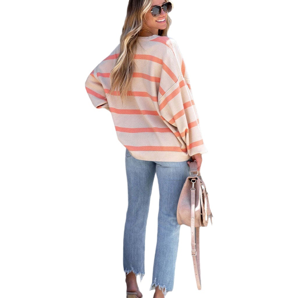 Striped Color-Block Loose Crewneck Sweater