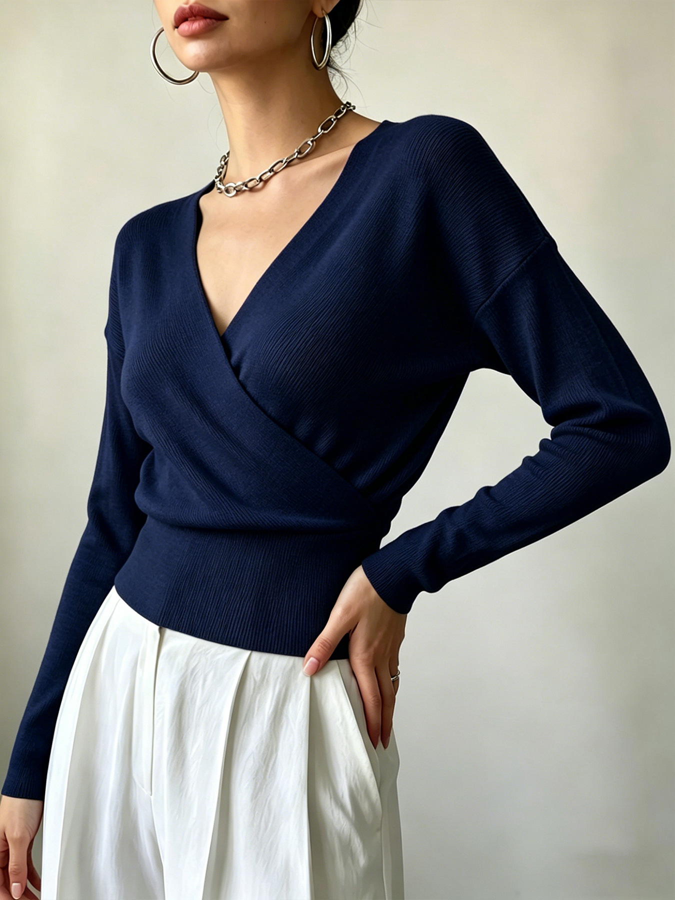 Women's Long Sleeve Cross V-Neck Knit Sweater Slimming Solid Color