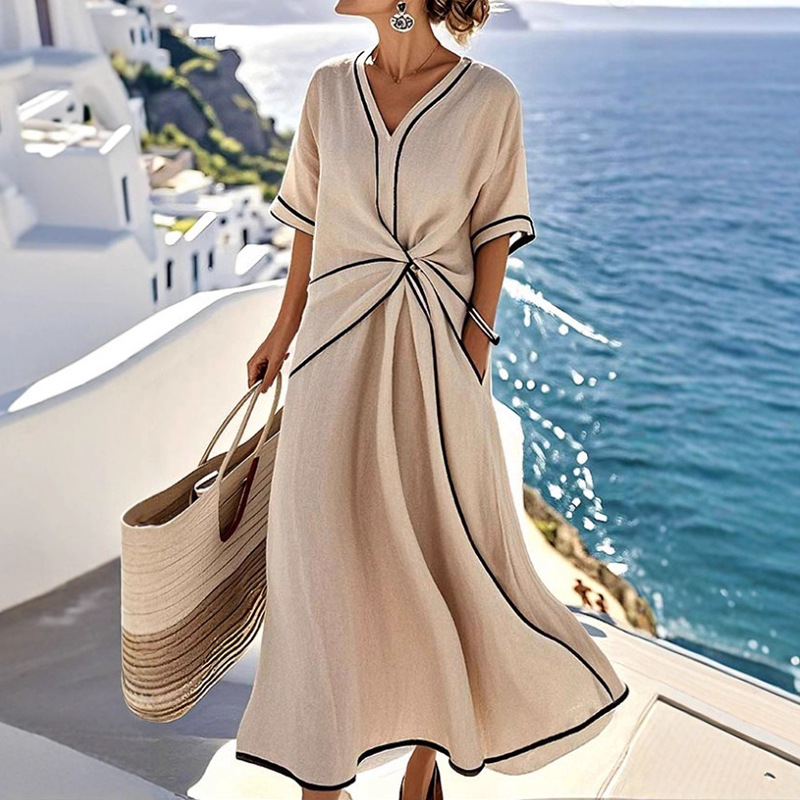 Women's V-Neck Tie Striped Dress Casual Comfortable Long