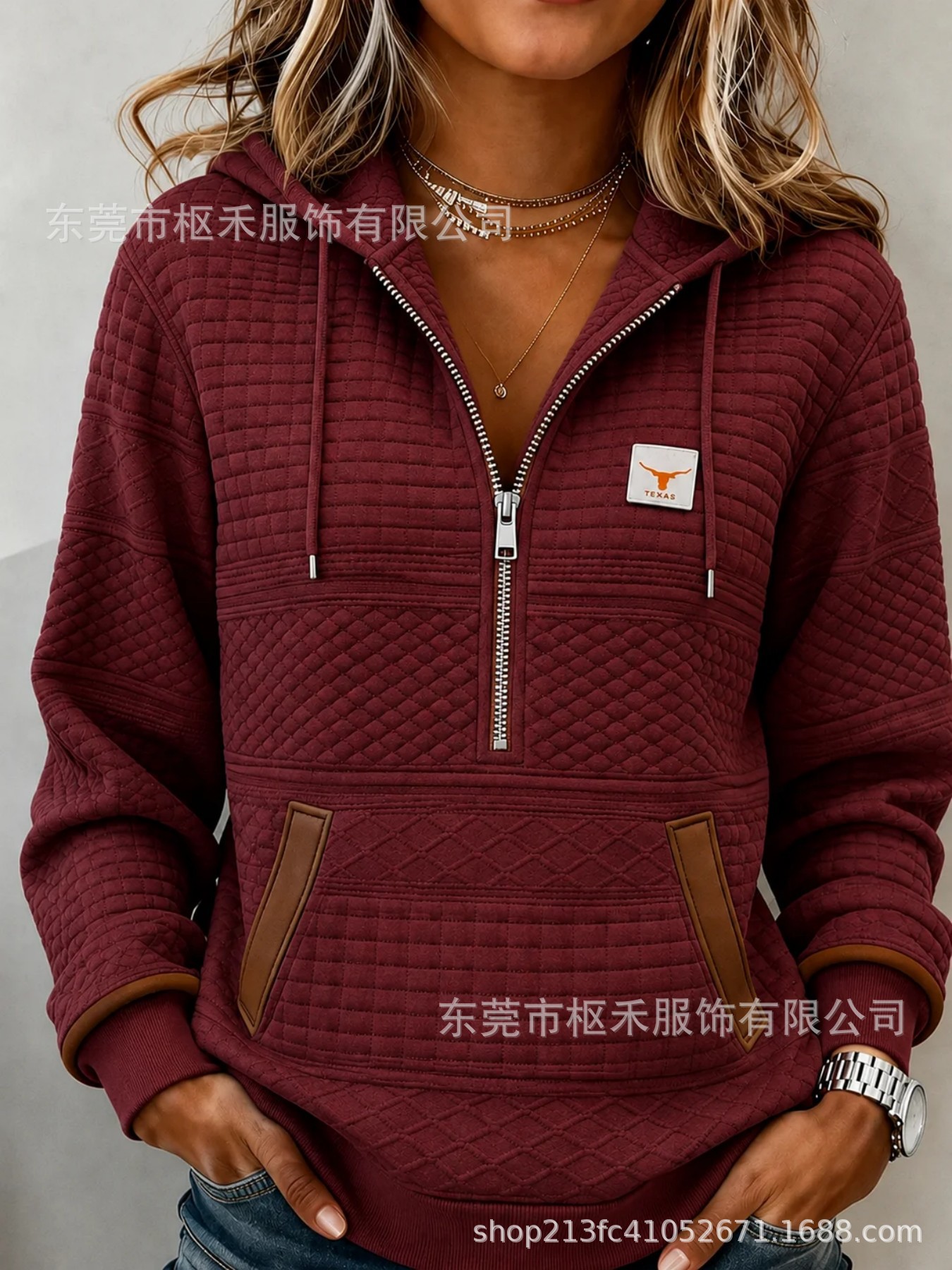 Waffle Print Half-Zip Stand Collar Solid Color Hoodie