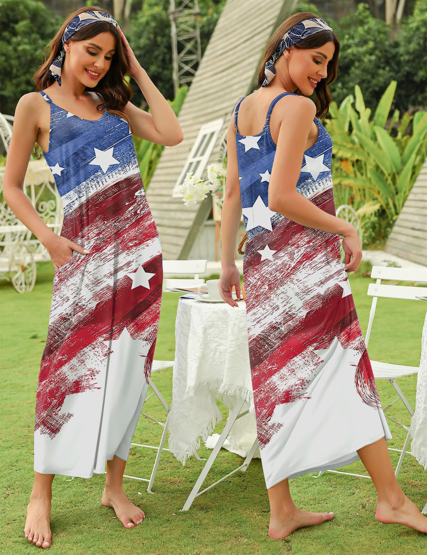 Flag Print Sleeveless A-Line Midi Dress with Pockets