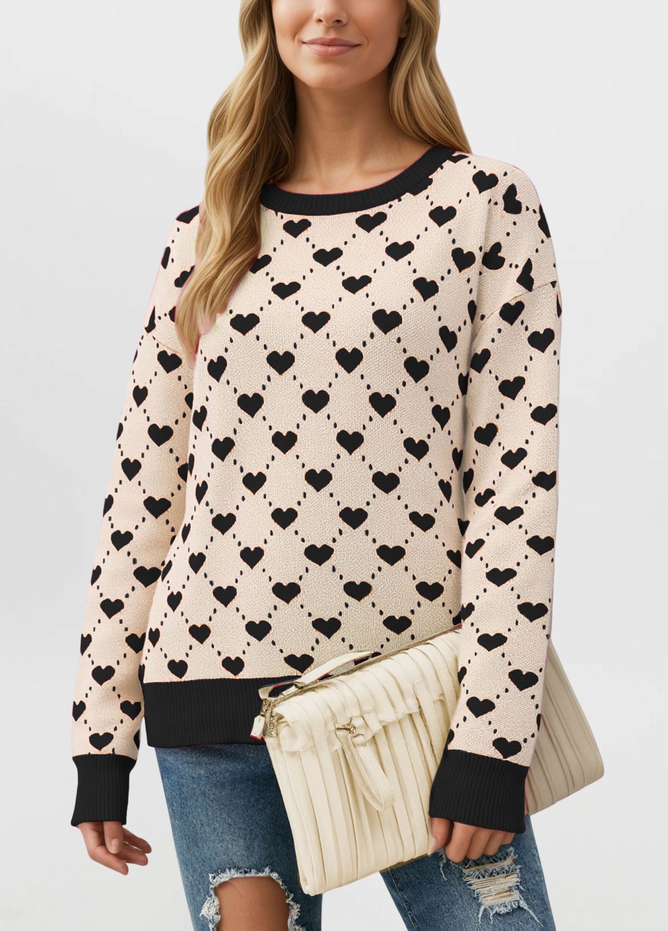 Women's Loose Oversized Heart Colorblock Crewneck Pullover Sweater