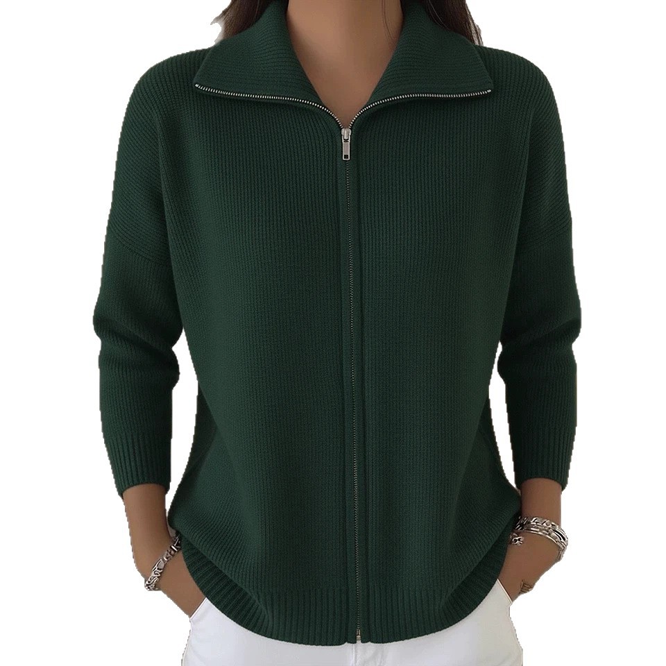 Women's Zip-Up Knit Cardigan with Collar, Solid Color, Relaxed Fit
