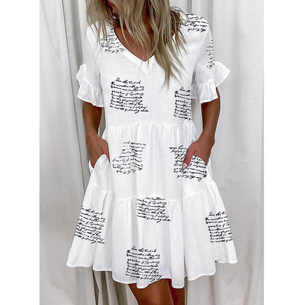 Women's V-Neck Floral Print Swing Dress Short Sleeve