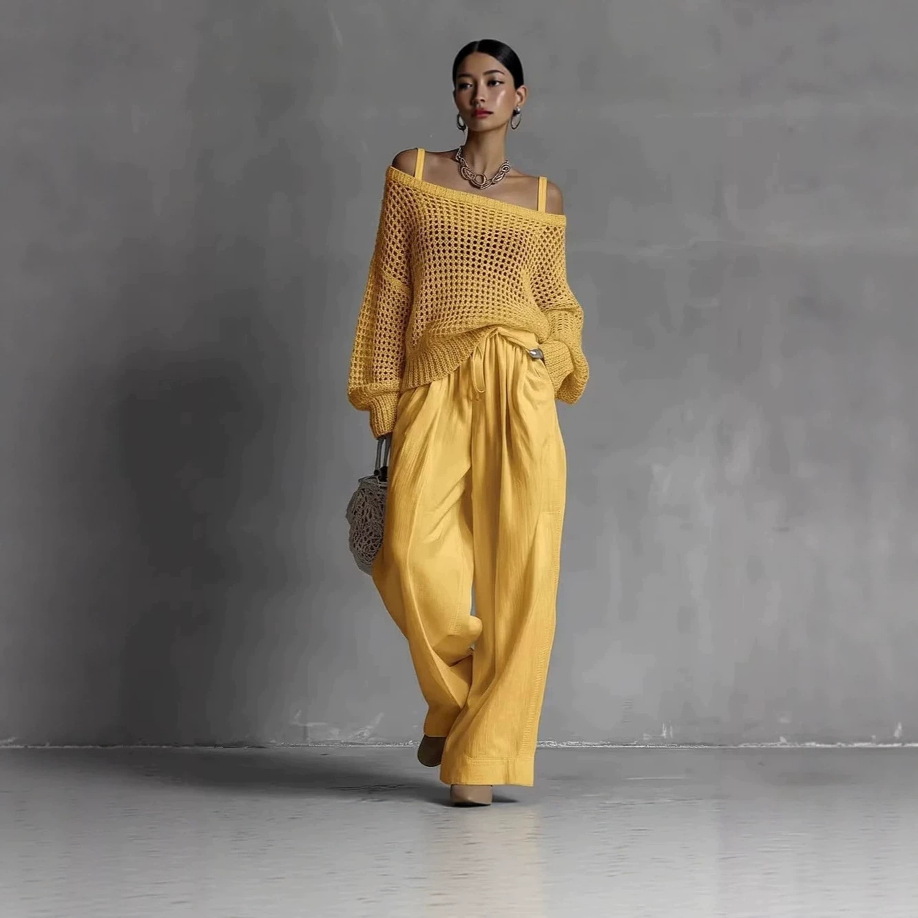 Women's Open-Knit Top and Cotton-Linen Pants Two-Piece Set