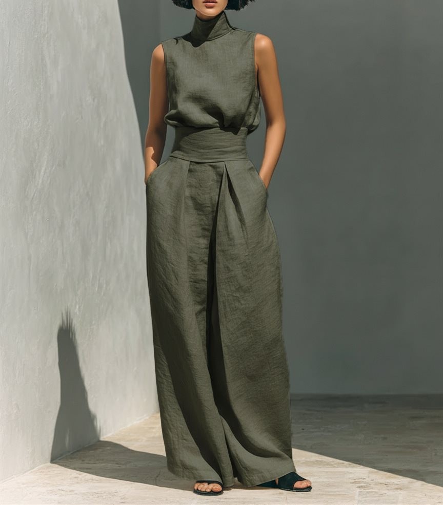 Women's Solid Sleeveless Top and Wide-Leg Pants Set