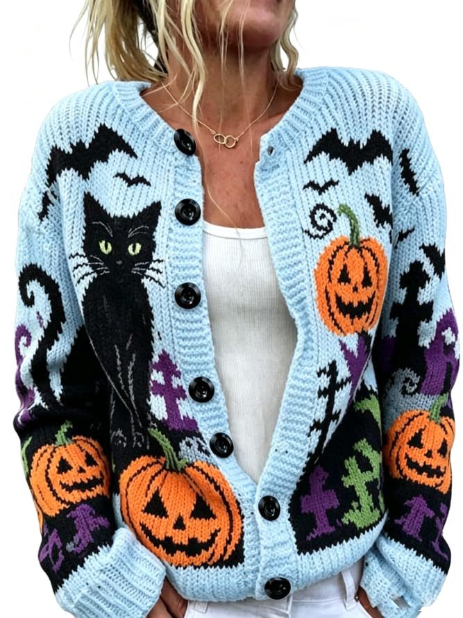 Halloween Cat Pumpkin Castle Bat Print Women's Cardigan