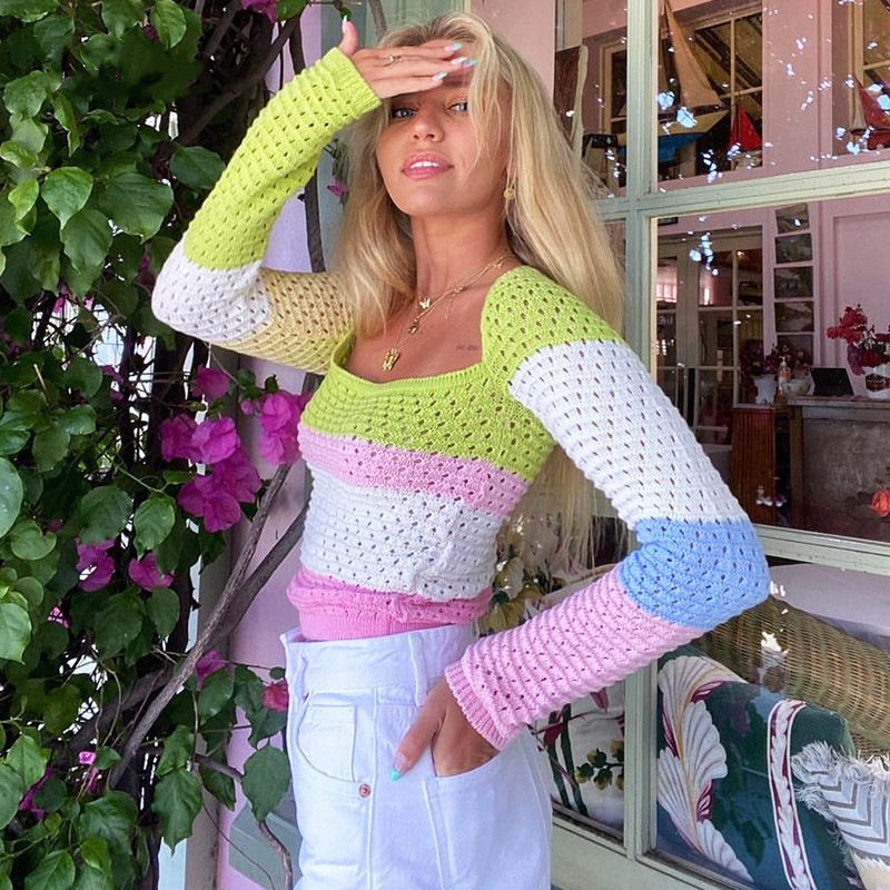 Women's Colorblock Open-Knit Long-Sleeve Top