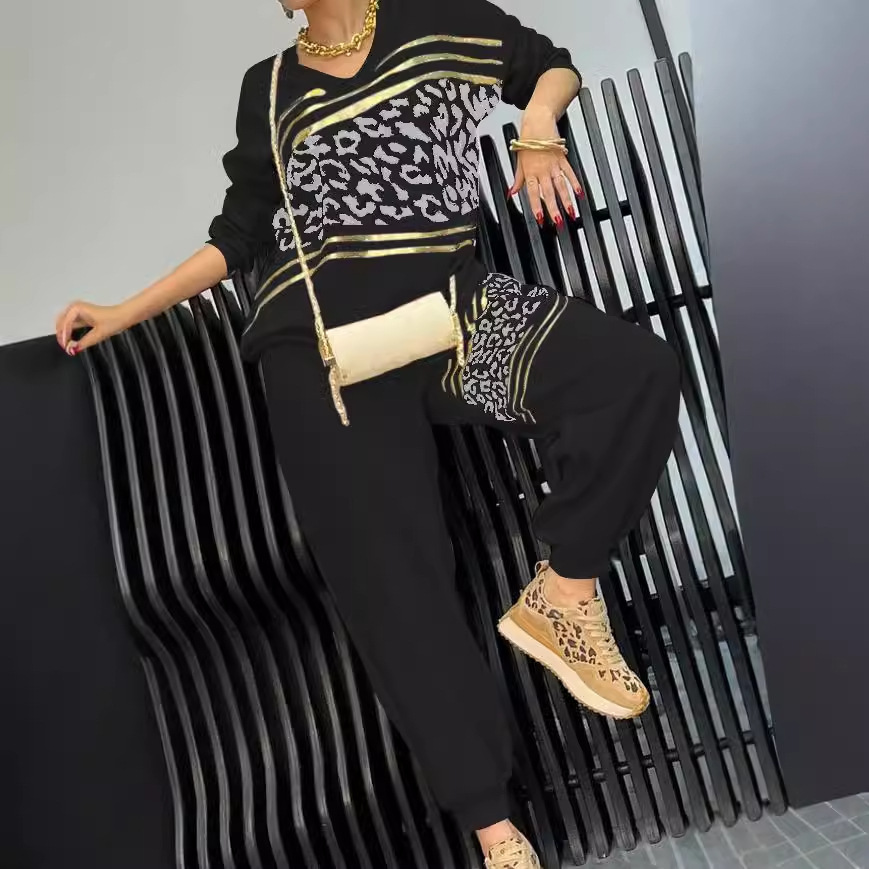 Leopard Print Gold-Stamped Hoodie & Pants Two-Piece Set, Loose Fit