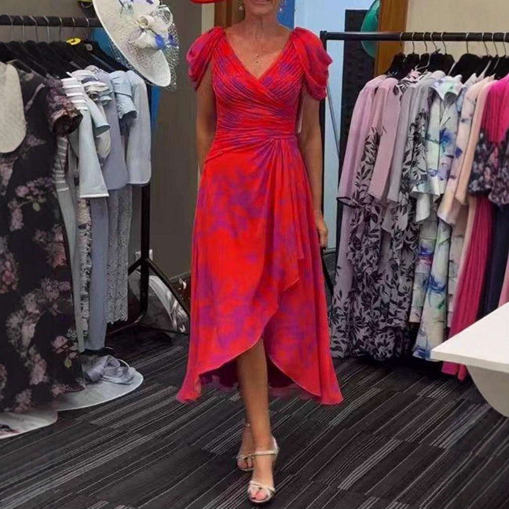V-Neck Short Sleeve Cinched Waist Printed Casual Dress