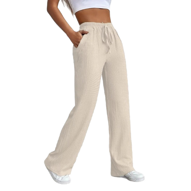 Women's Solid Pattern Loose Elastic Mid-Rise Drawstring Pocket Casual Straight Pants