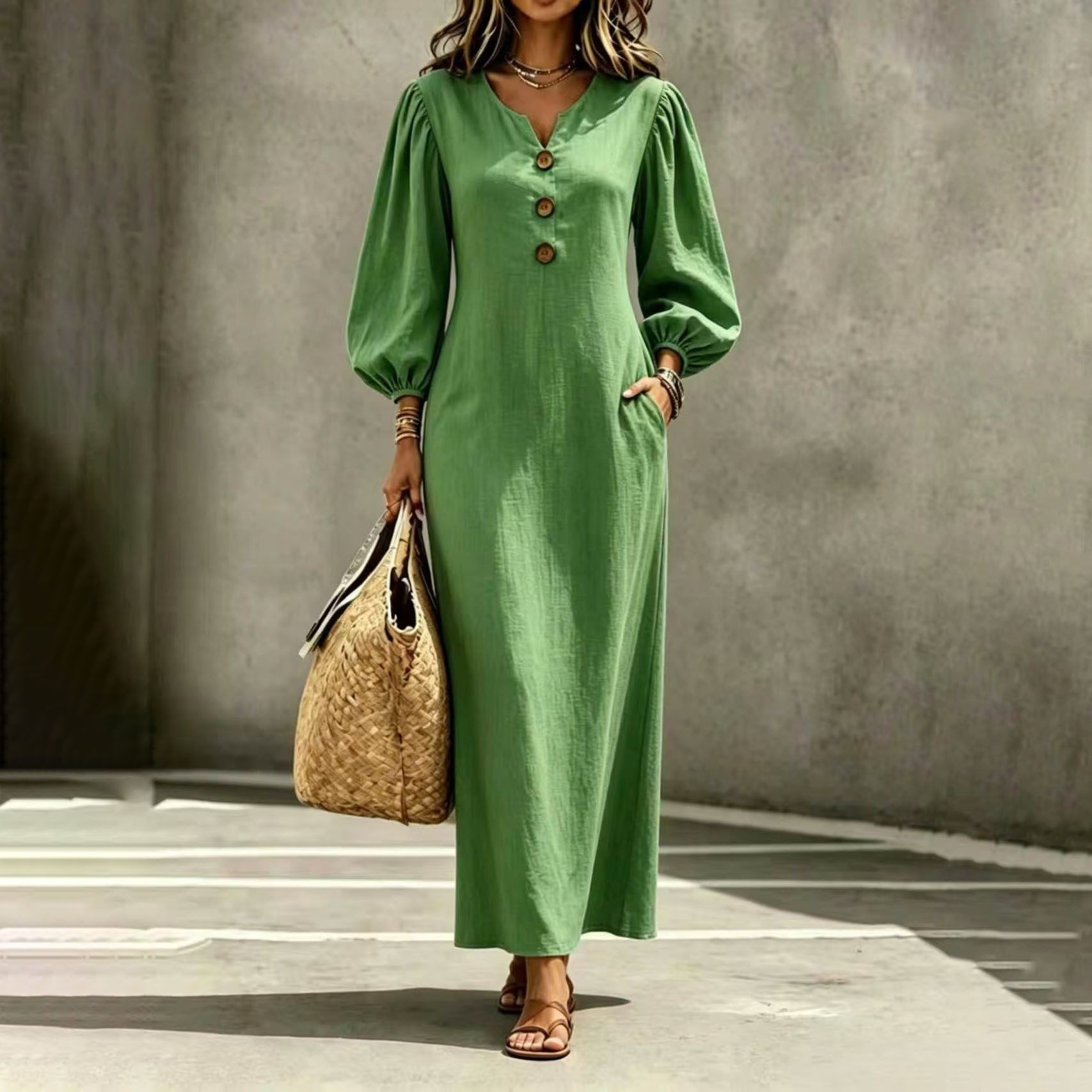 Women's V-Neck Button Bubble Sleeve Loose Long Dress