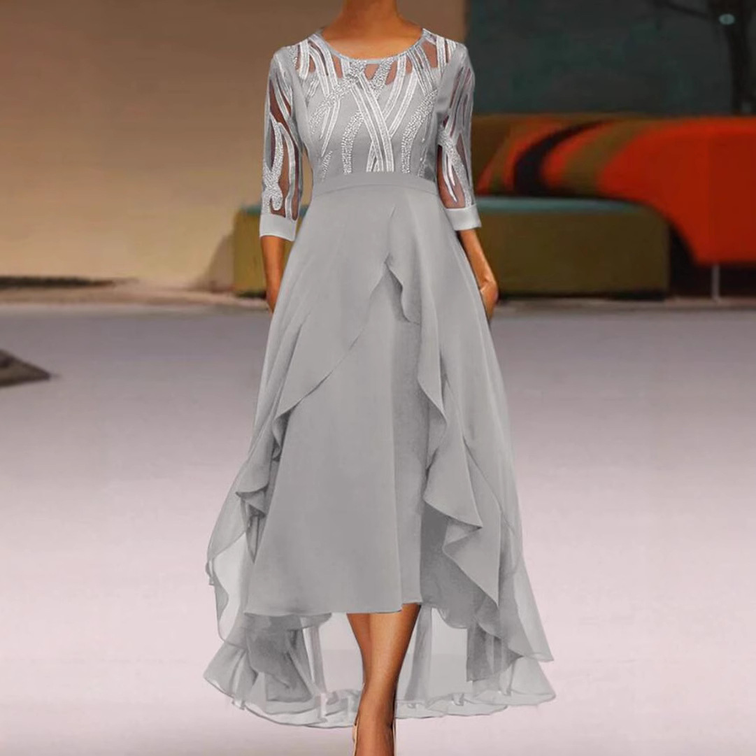 Women's Autumn Winter Midi Chiffon Dress Lace Spliced Round Neck Bridesmaid Evening Gown