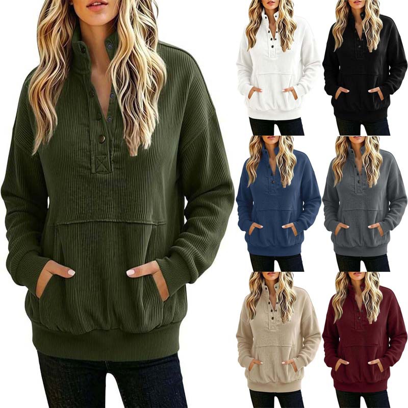 Solid Color Button-Front Long-Sleeve Hoodie with Pockets