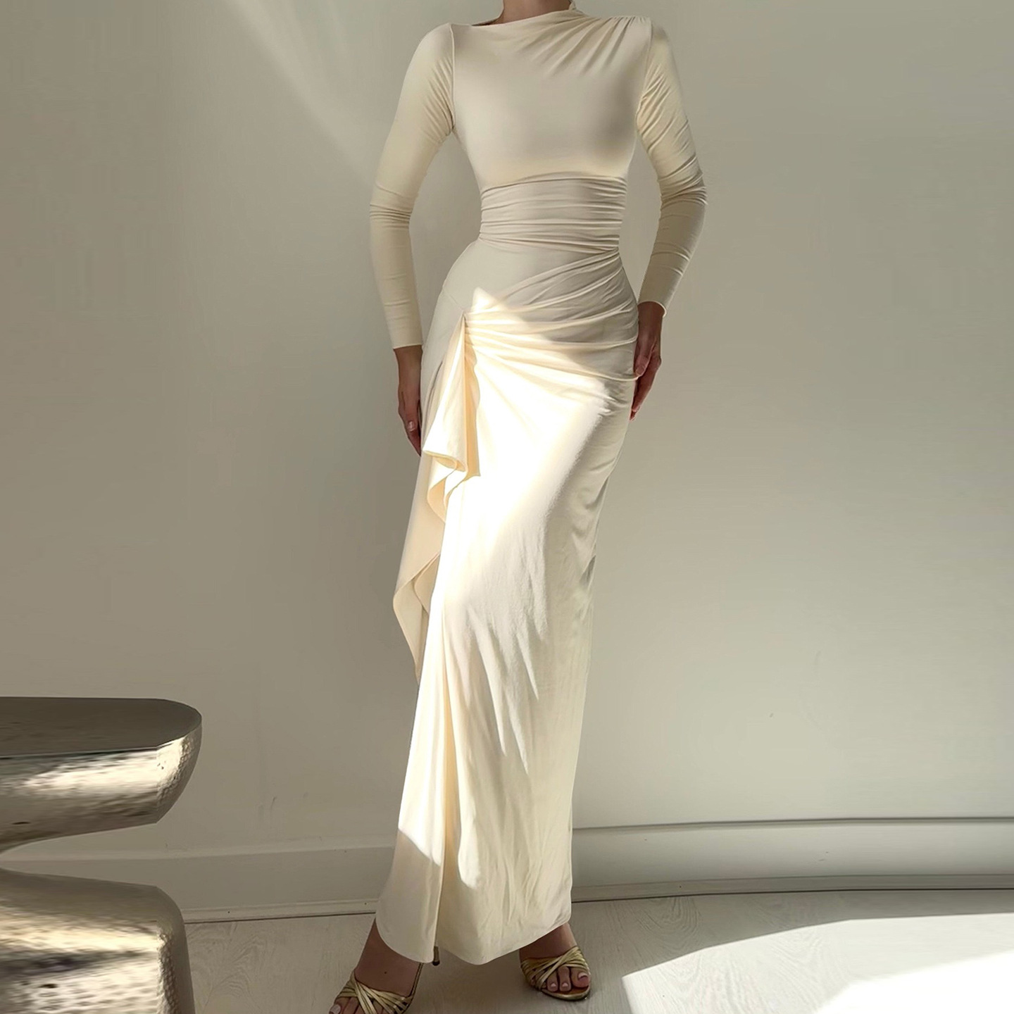 Solid Crew Neck Slit Bodycon Long Dress