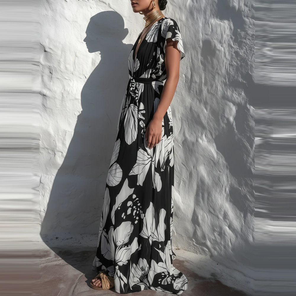 French Casual Printed V-Neck Tie Dress