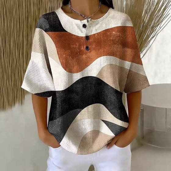 Gradient Wave 3D Digital Print Loose Textured Button Half-Sleeve Hoodie