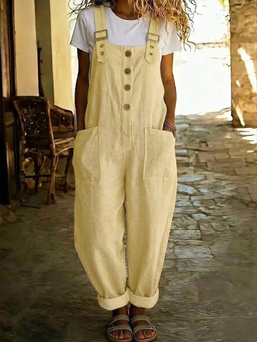 Women's Cotton-Linen Solid Color Vintage Straight-Leg Overalls with Pockets