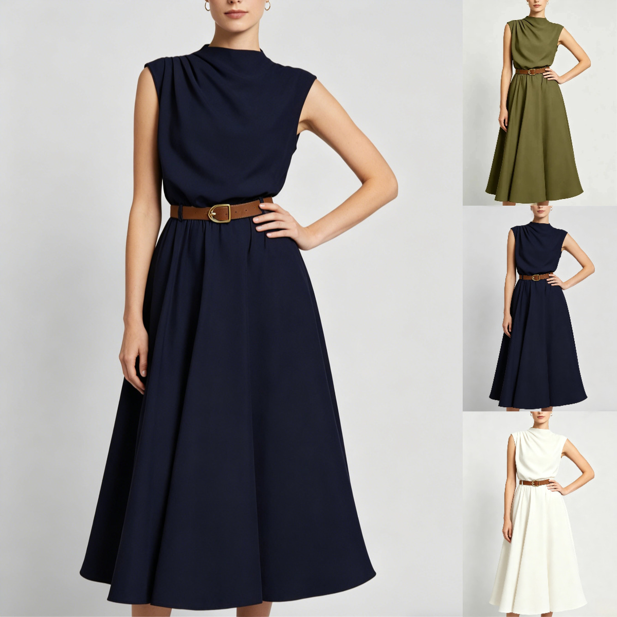 High Neck Sleeveless A-Line Midi Dress with Side Ruching and Belt