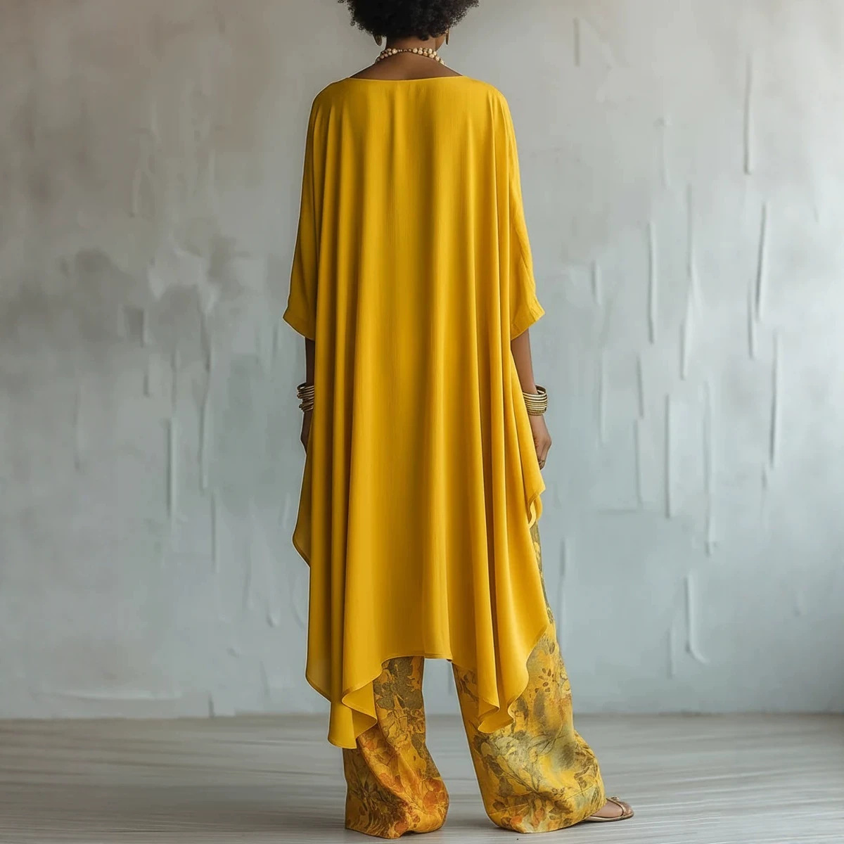 Digital Print Wide-Leg Pants and Crewneck Long-Sleeve Top Two-Piece Set