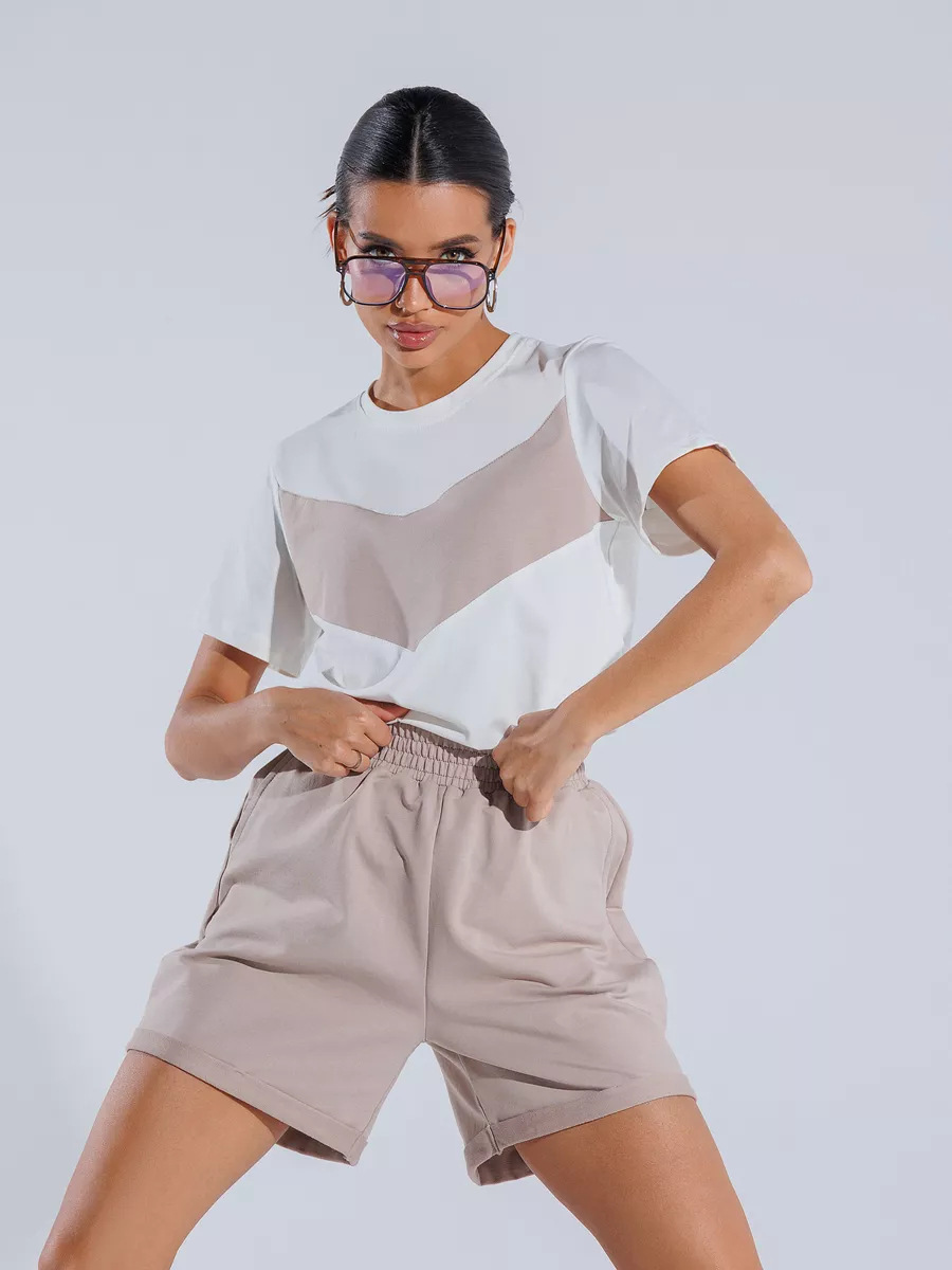 Women's Colorblock Short Sleeve T-Shirt Two-Piece Set Casual Short Outfit