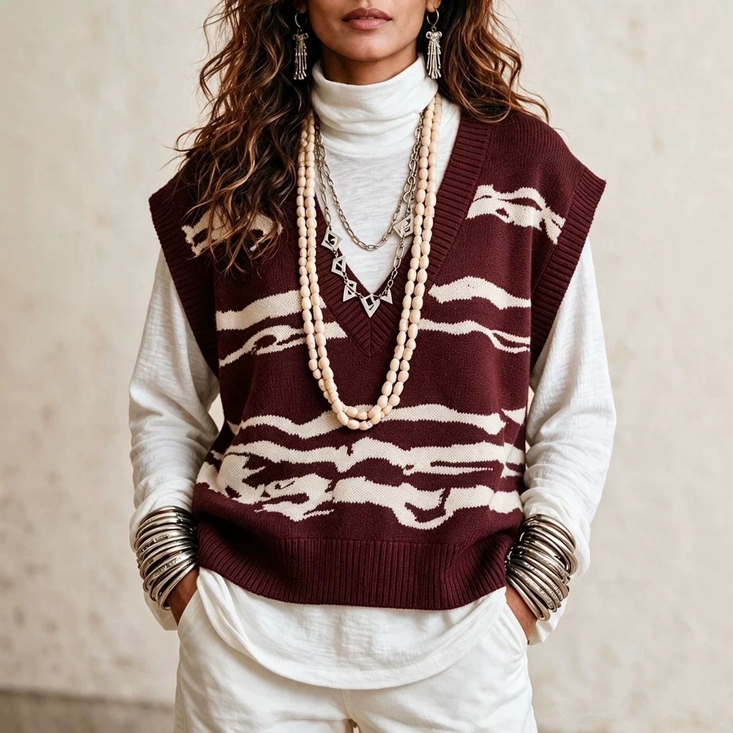 V-Neck Wavy Knit Sweater Vest Sleeveless Pullover