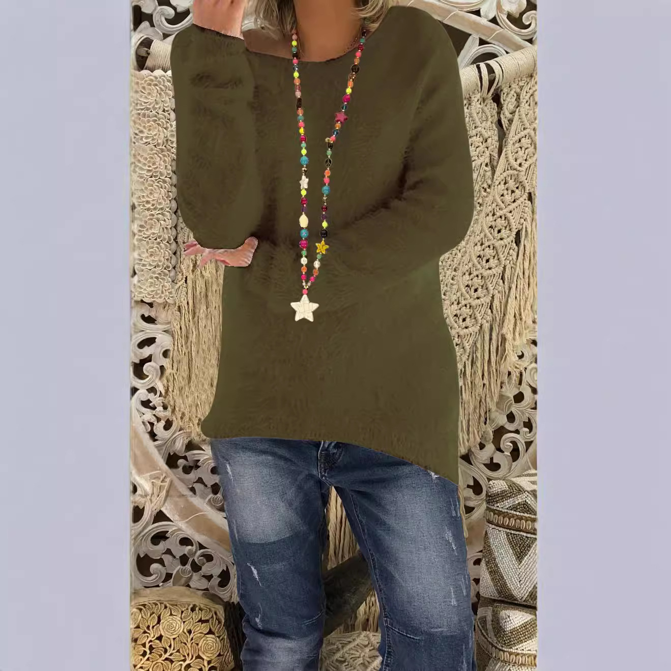 Women's Solid Color Long Sleeve Loose Knit Sweater