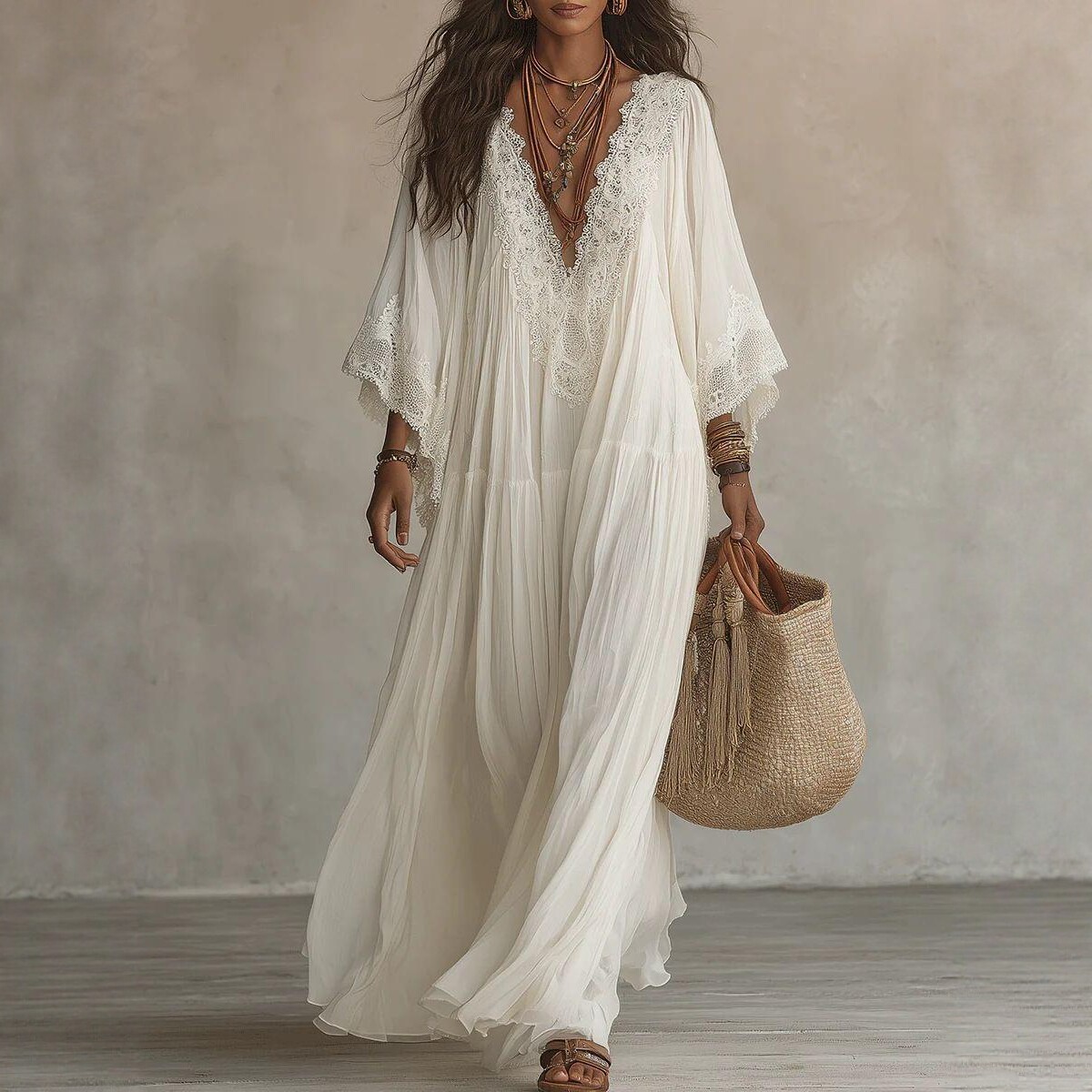 White Lace V-Neck Long Dress with Batwing Sleeves