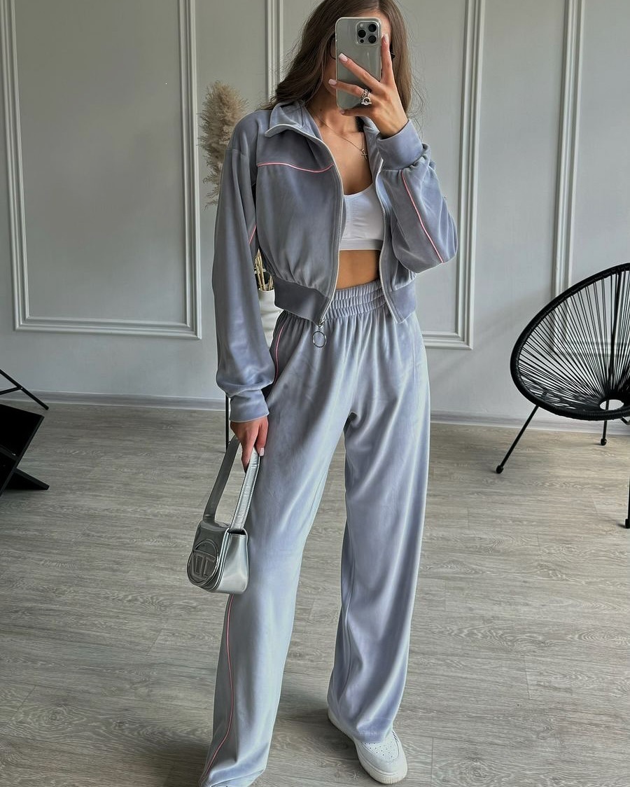 Women's Striped Two-Piece Set Long Sleeve Zip Cardigan & Elastic Wide-Leg Pants