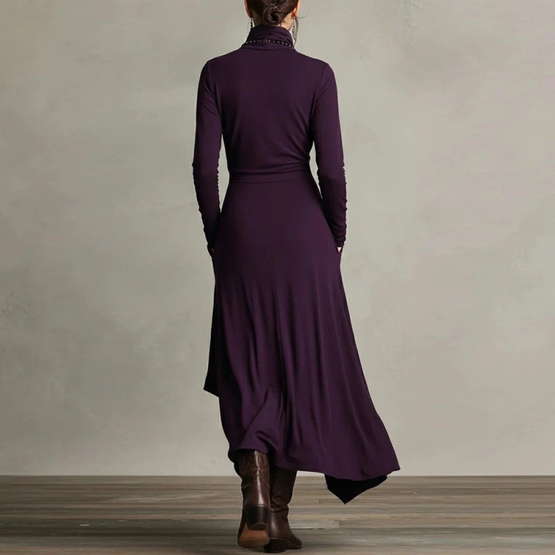 Women's Solid Long Sleeve High Neck Asymmetrical Dress
