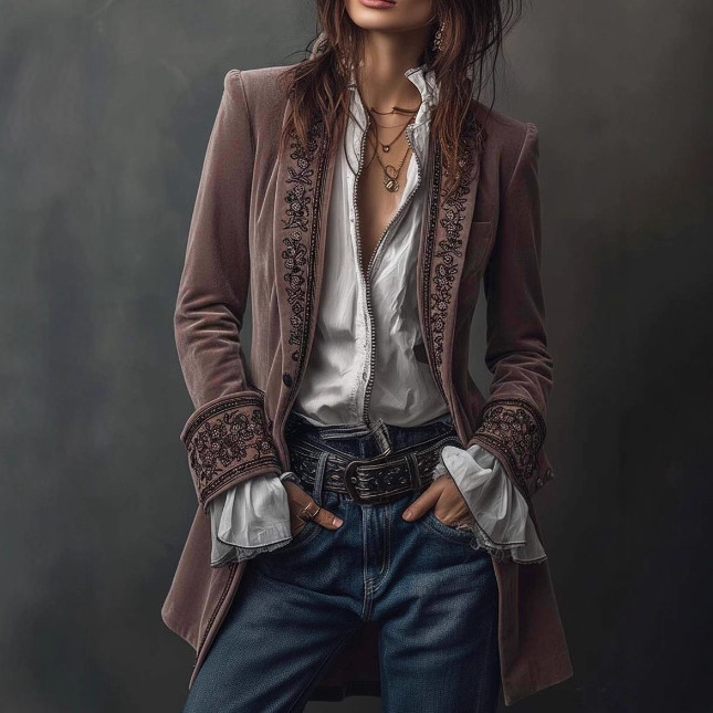 Women's Long Sleeve Colorblock Lace Trim Velvet Jacket