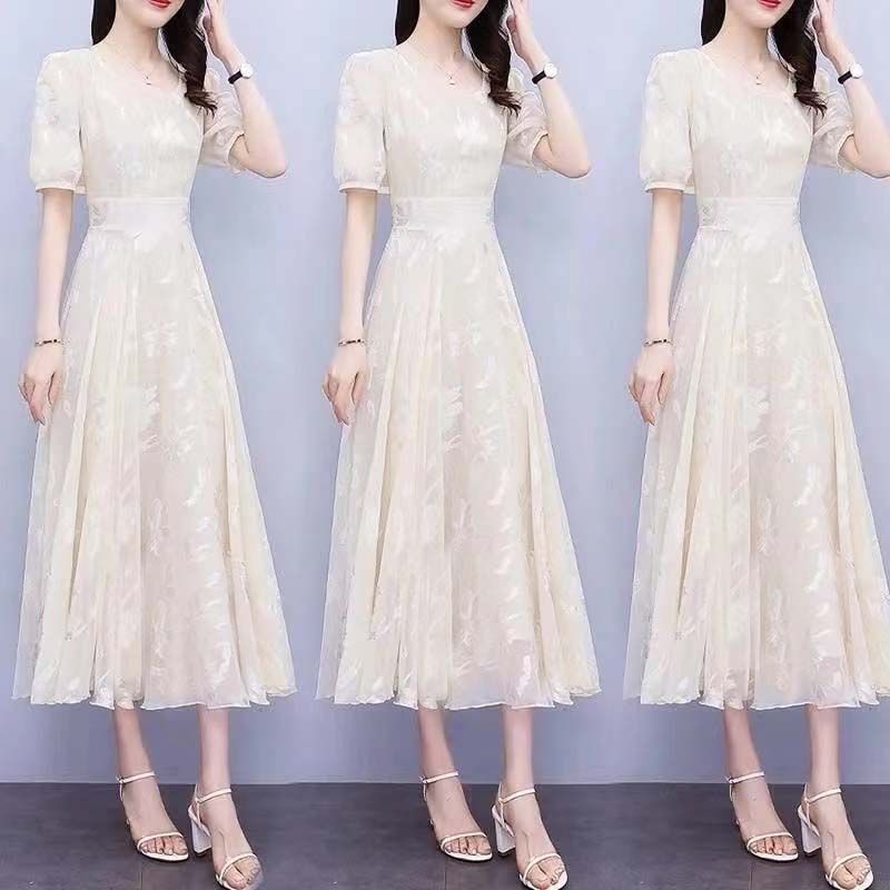 Women's Floral A-Line Midi Dress Short Sleeve Round Neck