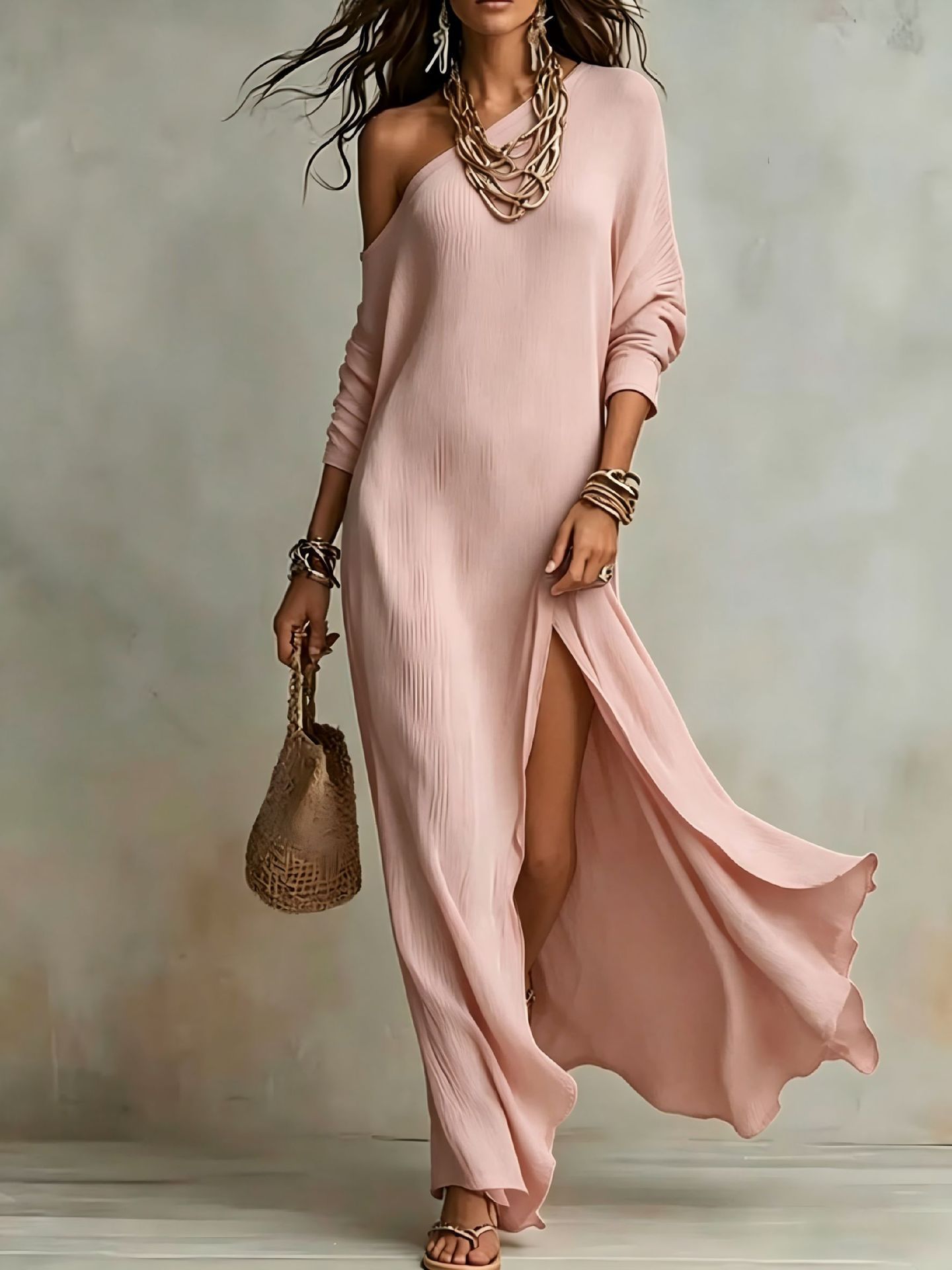 Elegant Long Sleeve Knit Pleated Slit Dress