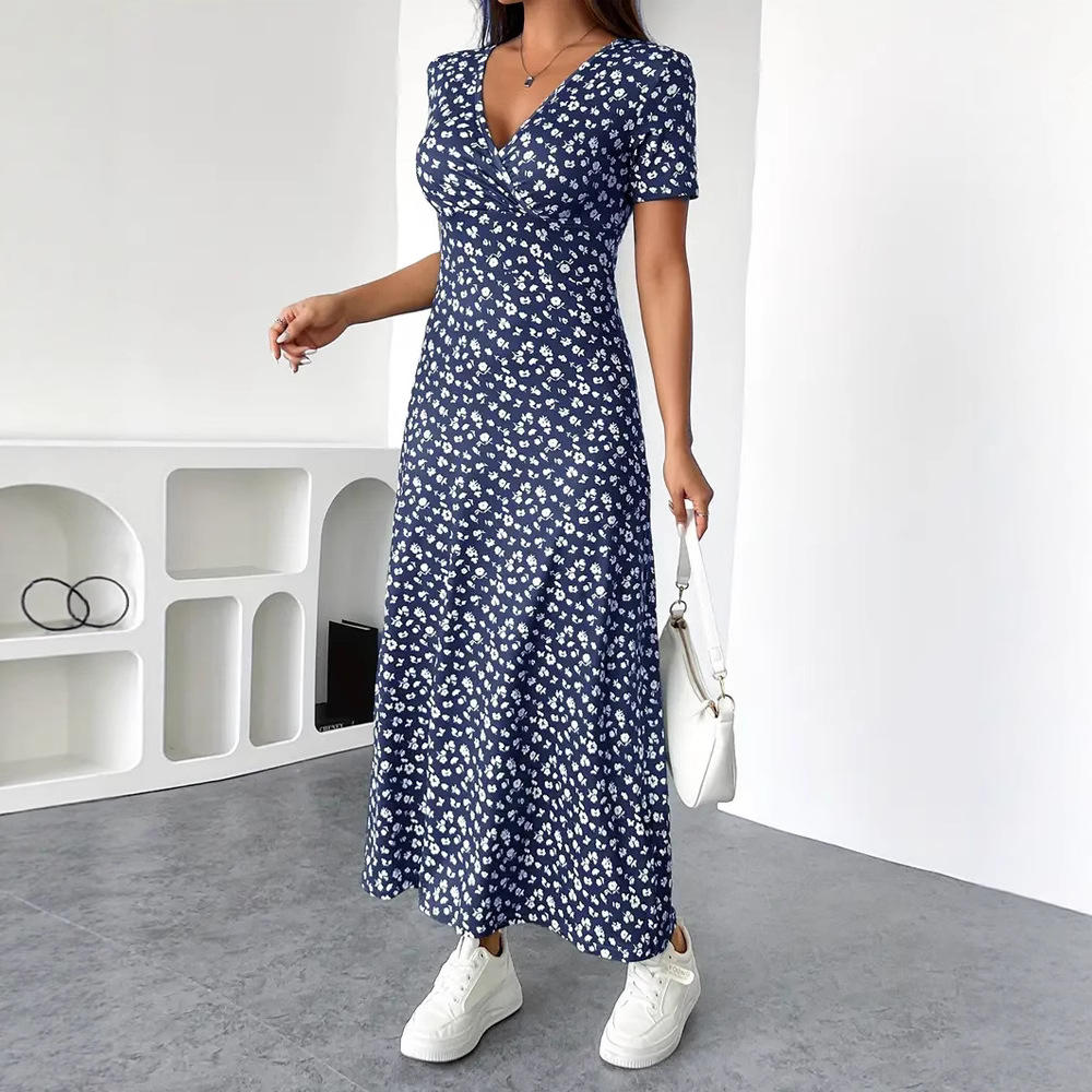 Women's Floral V-Neck Short Sleeve High Waist Midi Dress