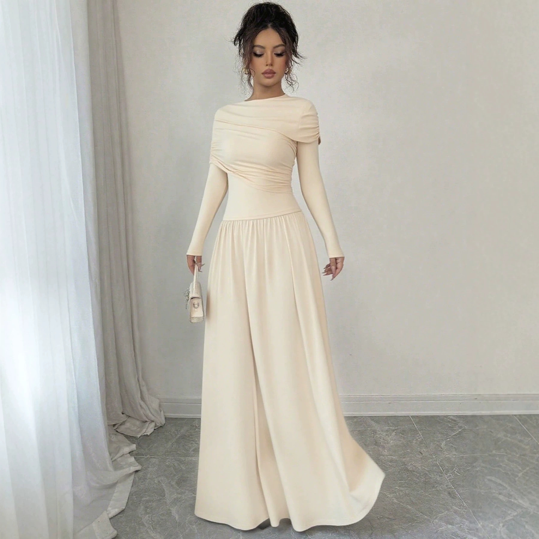 Designer Cape-Sleeve Long Evening Dress with One-Shoulder Neckline
