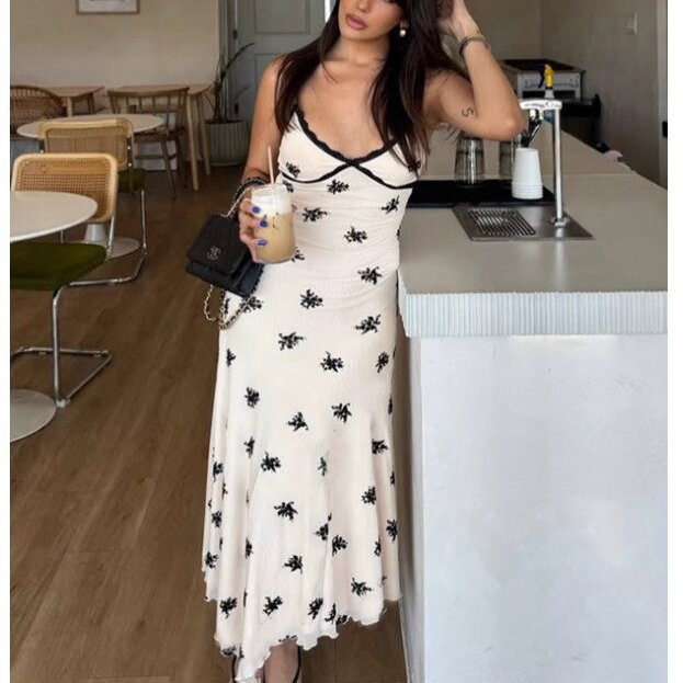 Women's V-Neck Open-Back Cami Dress Slim Fit Floral Print
