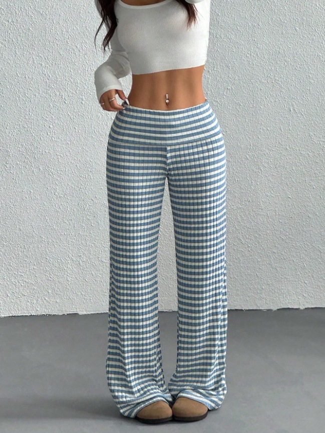 Women's Striped Solid Knit Straight-Leg Pants Casual Loose Fit