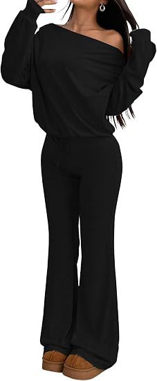 Solid One-Shoulder Long-Sleeve Top & High-Waist Flared Wide-Leg Pants Set