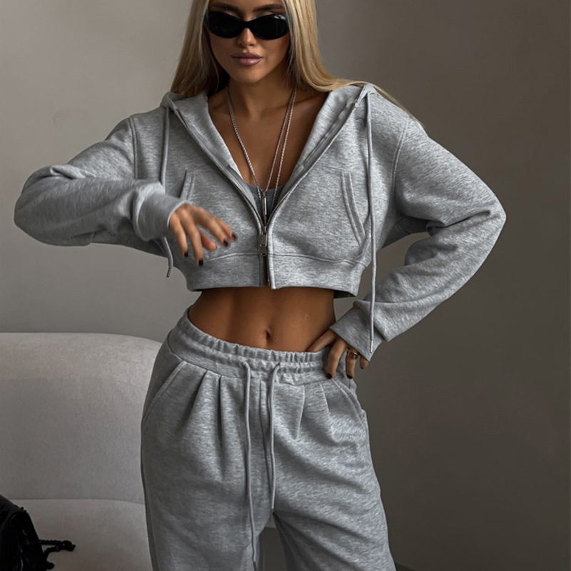 Women's Casual Two-Piece Set Cropped Hooded Cardigan and Tie-Front Joggers