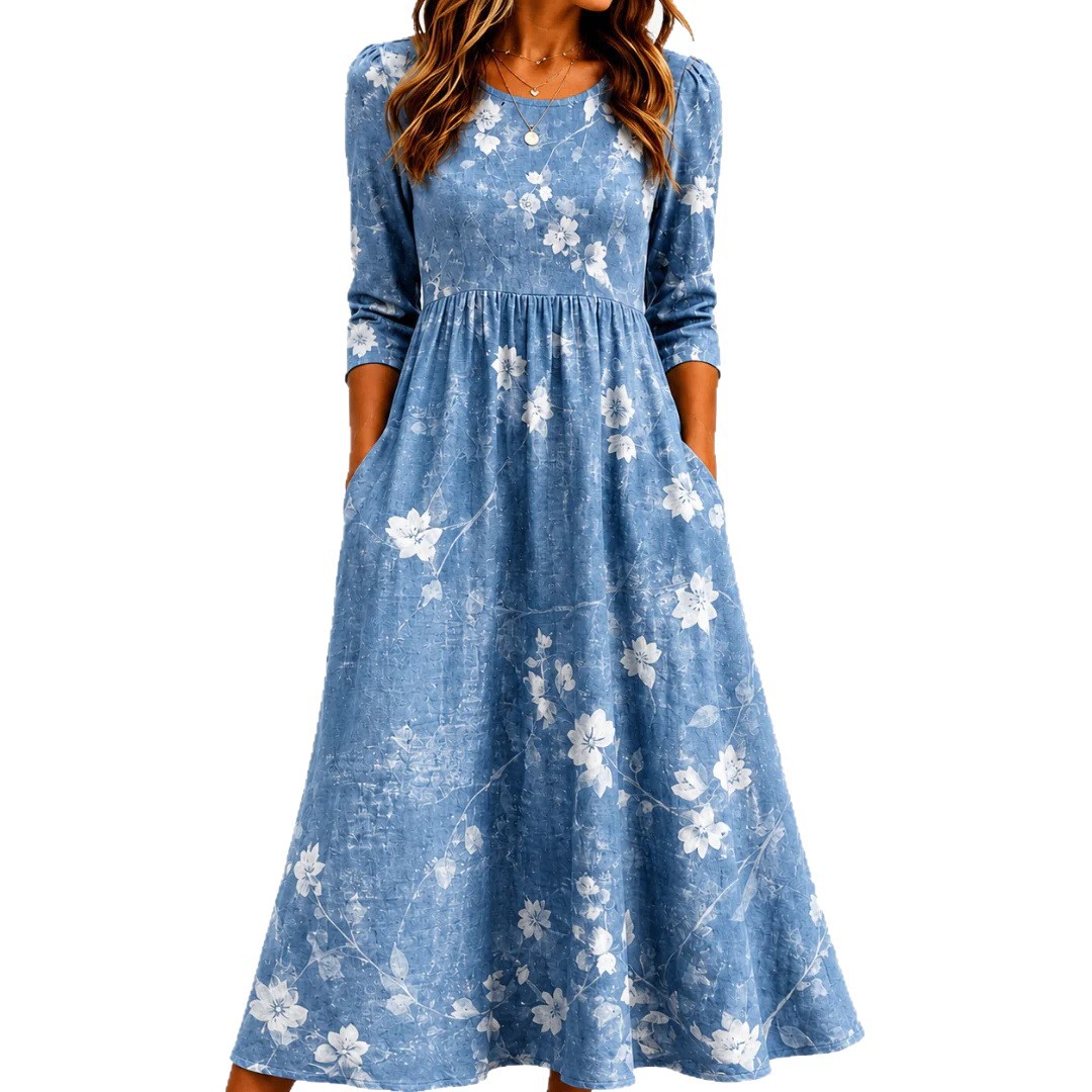 Women's Summer Printed Patchwork French Style Dress Casual A-Line Midi