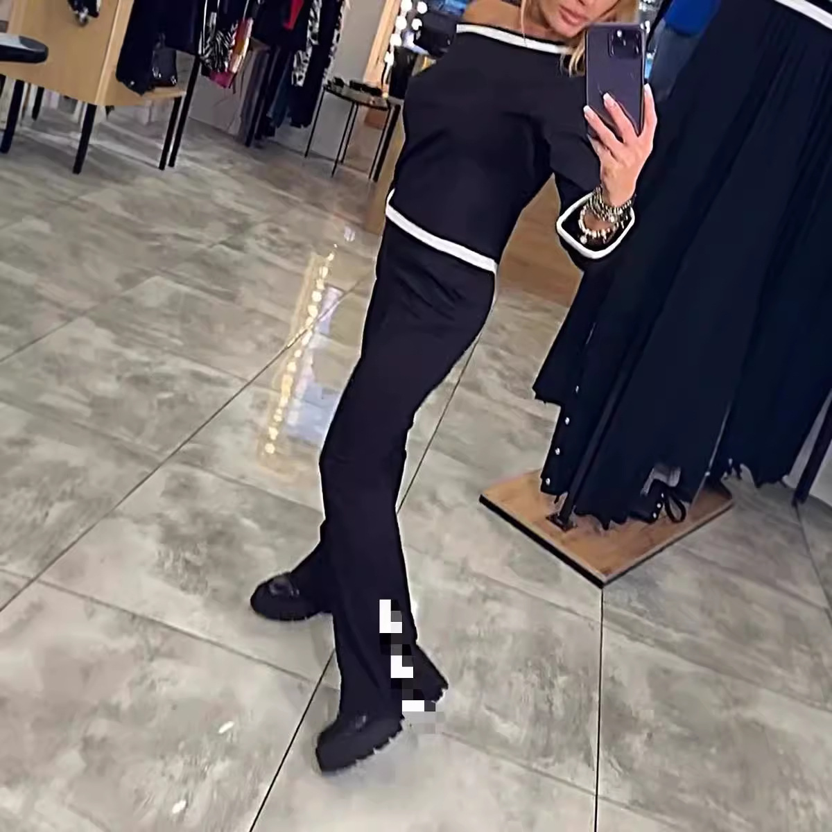 Women's Casual Color-Block One-Shoulder Long-Sleeve Two-Piece Set