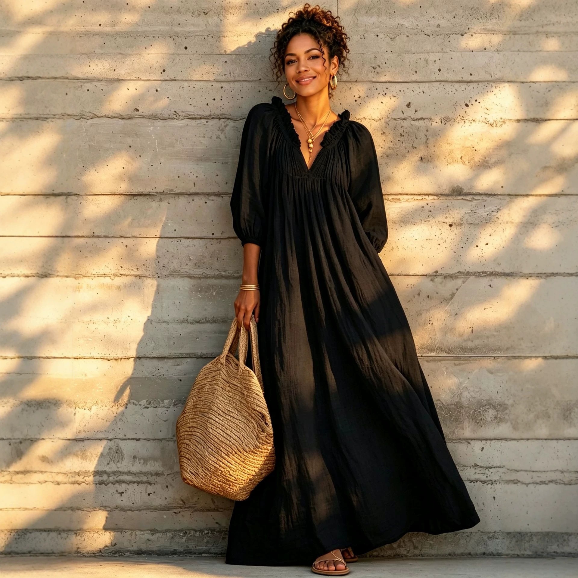 V-Neck Lantern Sleeve Boho Maxi Dress
