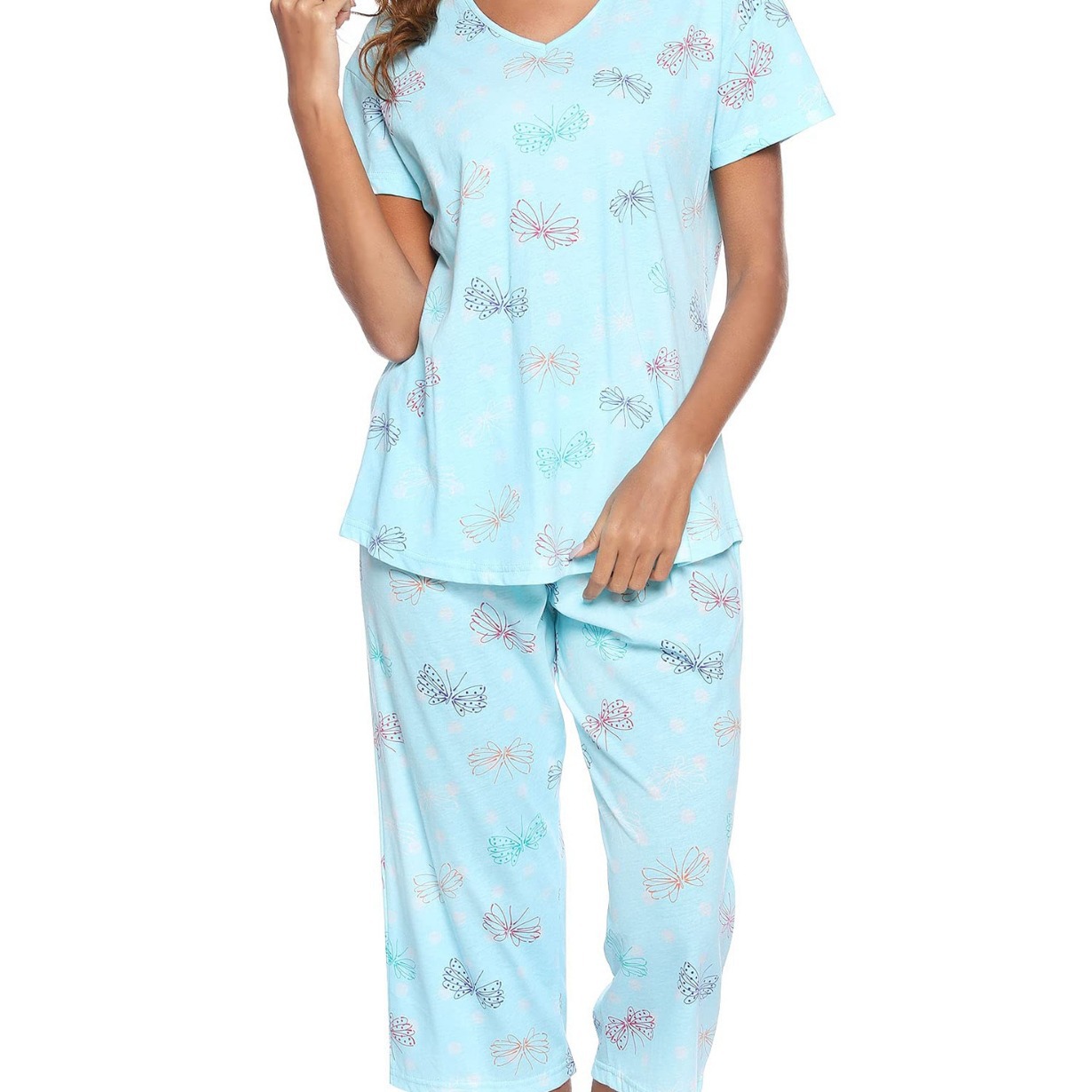 Women's Short Sleeve Capri Pants Pajama Set Knit Cotton Loungewear Plus Size